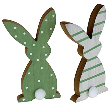 itsisa Hase Puschel Holz grün,weiß H:20 cm (2er Set) - Frühlingsdeko, Deko Hase, Gartendekoration, Ostern, Osterdeko