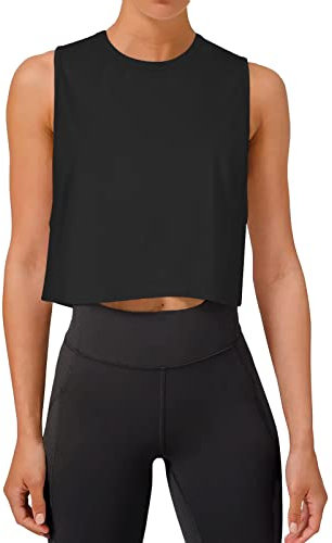 REORIA Damen Crop Tops Workout Tops Lose Ärmellose Cropped Muscle Tank Open Back Shirts Schwarz L