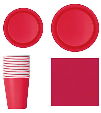 Trimming Shop 70pcs Disposable Party Tableware Set, 7 Round Plates 20pcs, 9 Plates 16pcs, 9oz Cups 14pcs, Napkins 20pcs for BBQs, Weddings, Birthday, Anniversary, Kids Party Supplies, Ruby Red