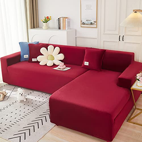 GUYIRT Luxus Samt Sofahusse, Dick und Waschbar Plüsch Sofaüberwurf Schonbezug Möbelschutz Weiche mit Rutschfester Elastischer Unterseite für 4-Kissen-Couch-Weinrot-3-Sitzer 190-230cm