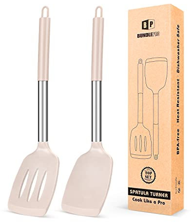 Paquete de 2 espátulas de cocina ranuradas antiadherentes, resistentes al calor, sin BPA, utensilios de cocina ideales para pescado, huevos, panqueques (acero inoxidable caqui)