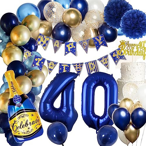 Deko 40. Geburtstag Mann Blau, Geburtstag Deko 40 Blau Gold, 40 Geburtstag Männer Frauen, Blau Luftballons 40 Geburtstag mit Happy Birthday Banner,Blau Folienballon 40 Zahl für 40 Geburtstag Deko