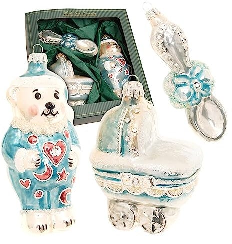 Krebs Glas Lauscha - Weihnachtsbaumanhänger aus Glas - My First Christmas Set - Menge: 3 Stück - Motive: Bär, Kinderwagen und Löffel - Farbe: Blau - Größe: 12-16 cm