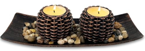 Teelichthalter 2er Set,Kerzenhalter,Kerzen Deko,Deko Wohnzimmer, Stimmungsvolle Tischdeko frühling,Deko Tablett,Dekoschale,mit Deko Sand Kieselsteine,Bronzefarbe,Weihnachten