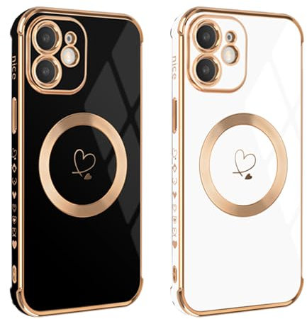 Pnakqil Magnetische Hülle für iPhone 11, 2 Stück Handyhülle Ultra Dünn Silikon mit Herz Love Muster Schutzhülle, Kompatibel mit MagSafe, Stoßfest Bumper Case für iPhone 11, Schwarz und Weiß
