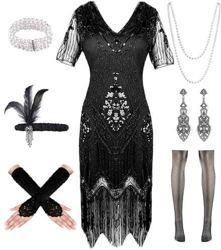 20er Jahre Kleid Roaring 20s Charleston, Flapper Kleid mit Dünn Ärmel Pailletten Perlen Fransen, CocktailkleidKleid 20er Jahre Accessoires, Vintage Mafia Kostüm Damen Fasching Karneval