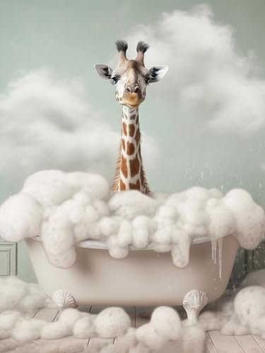 Giraffe in Badewanne, Poster 30cm x 40cm ohne Rahmen, Toilette Badezimmer Deko Bild, Wand-Deko Bilder Lustiges Geschenk