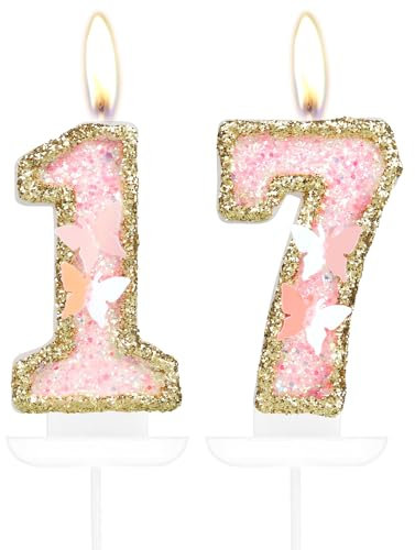 Schmetterling Zahl 17 Kerzen, Rosa Gold Happy 17th Birthday Kerzen für Kuchen, Mädchen 17 Geburtstag Kuchen Dekorationen, Schmetterling 17 Cake Topper, Gold Rosa Kuchen Kerzen Kuchen Topper für Frauen