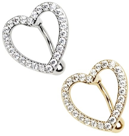 KRYMSON Lot de 2 anneaux de nombril en forme de cœur, tige et barre de piercing, bijou flottant (argent, or), Acier inoxydable et Hao Shi
