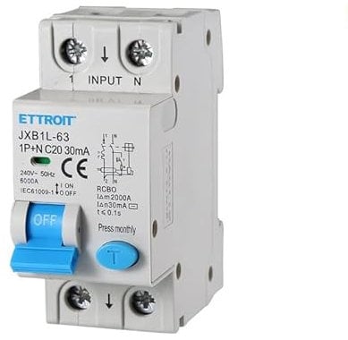 ETTROIT INTERRUTTORI MAGNETOTERMICI DIFFERENZIALI SALVAVITA PER BARRA DIN 2 MODULI 1P+N 240V 30mA 6KA (20A)