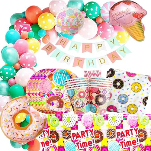 Bemoseng 100 PCS Donut Partygeschirr Set, Süßigkeiten Ttellerballon, Candy Geburtstag Deko, Süssigkeit Party Deko Zubehör Set Papier Geschirr, Luftballons Banner Tischdecken Teller