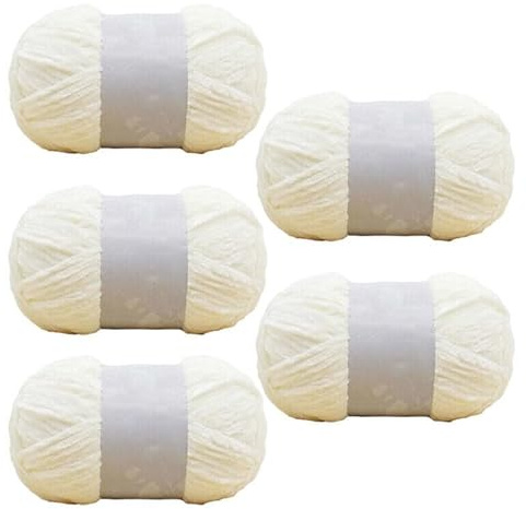 5 Pack Super Chunky Chenille Soft Yarn for Knitting and Crochet, 100g - 115m (Cream)