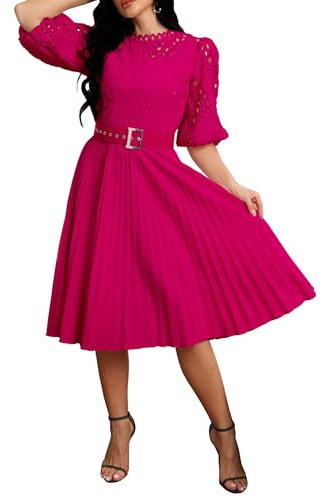 IWFEV Lace Pleated Midi Dress With Puff Sleeve - Mid-Calf Hollow Party Evening Dress XXL Rose