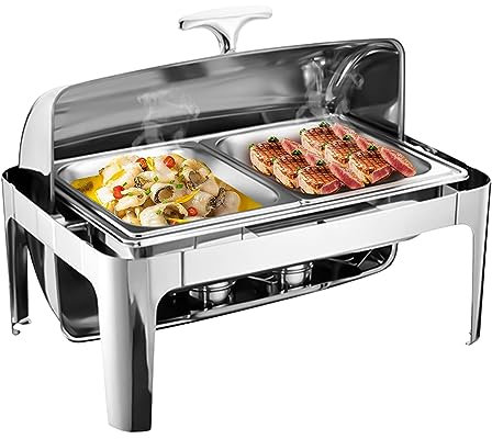 CLEADONG Chafing Dish - Récipient de maintien au chaud - 9 l - En argent - 2 chauffe-plats - Récipient thermique rectangulaire - En acier inoxydable - Pour buffet et fête
