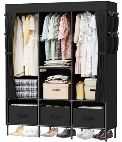 LOEFME Canvas Wardrobe, Fabric Wardrobes for Bedroom with 3 Storage Boxes and Hanging Rods, 51 x 17.7 x 67 Inch Size, 16mm Pipe Diameter Fabric Closet Black