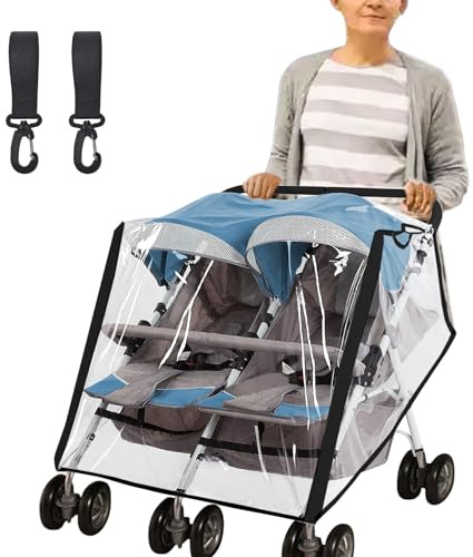 Universal Regenschutz Zwillingskinderwagen Regenbedeckung Zwillingsbuggy Regenschutz Zwillingswagen Geschwisterwagen, Transparent EVA Doppel-Kinderwagen Große Regenabdeckung, Staubdicht Winddicht