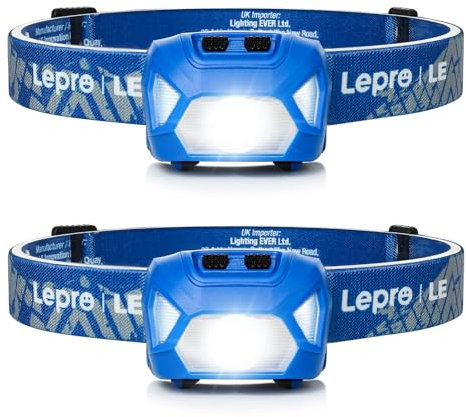 Lepro Linterna Cabeza LED Pila 1300lux (2 Pack), Linterna Frontal LED Alta Potencia, Luz Frontal Cabeza 6 Modos Luz con Luz Rojo, Impermeable IPX4 para Correr, Camping, Pesca(Pilas No Incluido), Azul