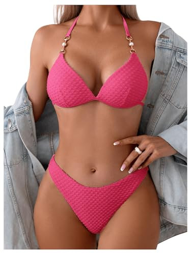 GORGLITTER Bikini Damen Set Mit Ketten Neckholder Bikini Set Triangel Bikini Sexy Zweiteiliger Badeanzug Mit Perlen Bademode Heißes Pink M