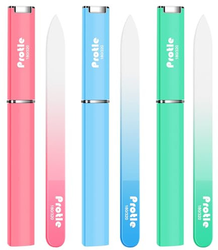 Limas de uñas de vidrio para uñas naturales, paquete de 3 limas de uñas de cristal de doble cara 180/320 con funda, limas de uñas profesionales para mujeres y niñas (color claro)