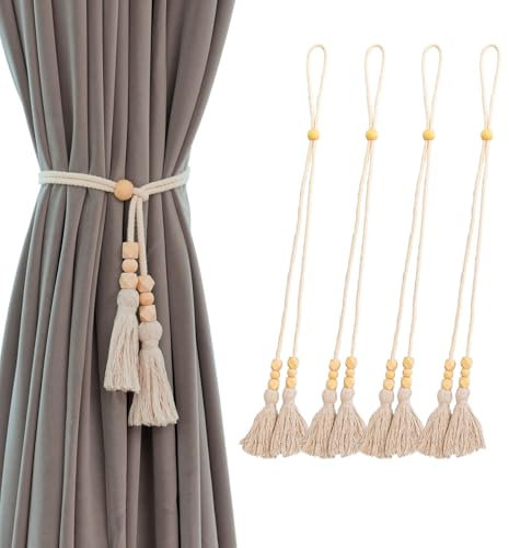 Contoeey Seil-Vorhang-Raffhalter mit Quasten, Drapierhalter, Baumwolle, Doppelseil, Vorhanghalter, Holz, Beige, 4 Stück