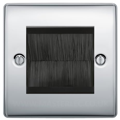 BG Polished Chrome Single 2 Gang Brush Cable Entry Wall Plate Black Insert Square