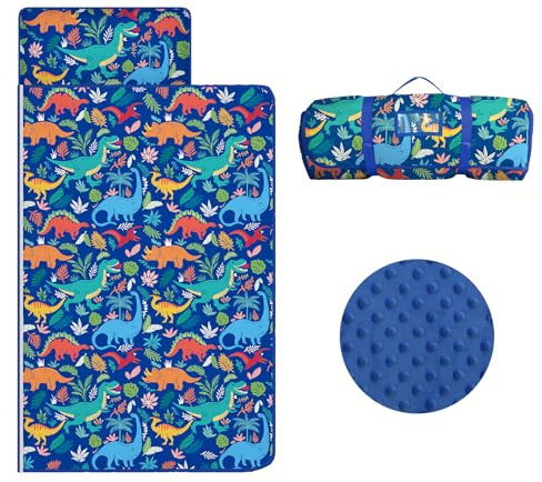 Schlafsack Kinder mit Kopfkissen Reißverschluss, Faltbare Kinderschlafsack mit Kissen Abnehmbar für Mädchen Jungen, Leicht Reinigen Schlafsack für Outdoor Indoor Camping, 150×60cm (Blauer Dinosaurier)