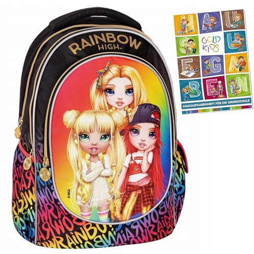 Goldkids - Rucksack Schulrucksack Teenager Kinderrucksack für Jungen und Mädchen mit RAINBOW HIGH GOLDEN - Hausaufgabenheft