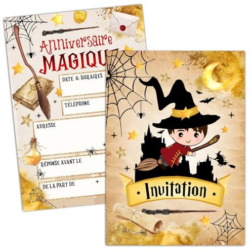 10 cartes d'invitation anniversaire enfant thème Sorcier | Ecole de magie, sorcellerie | Magicien | Kit de 10 invitations avec enveloppes | Carton d'invitation fête anniversaire garçon fille sorcière