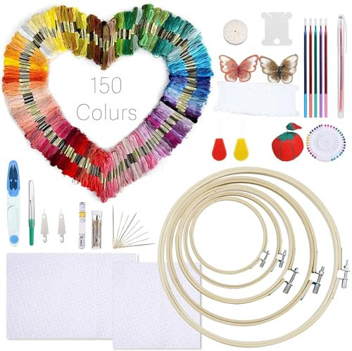 Auped 211 PCS Kit Bordado, 150 Colores de Hilo, 2 Telas Blancas Aida, 5 Aros de Bordado de Bambú, Ideal Herramientas de Punto de Cruz para Adultos y Niños Principiantes.