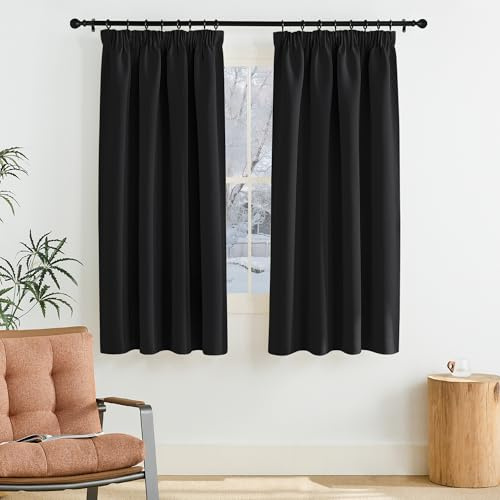 PONY DANCE Lichtundurchlässige Vorhänge mit Kräuselband Thermo Gardinen | 2er Set, H145 x B140 cm, Schwarz, Blackout, Kälteschutz, für Schienen, Kurz, Sichtschutz, für Schlafzimmer Kinderzimmer