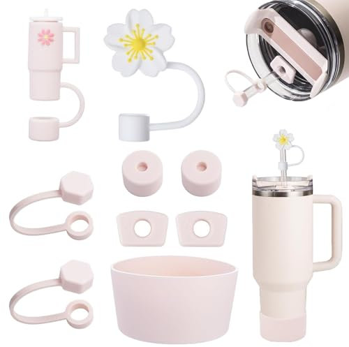 lurora2021 Lot de 9 Stanley Accessoires Kit D'accessoires Cup Bottes En Silicone Couvercle Paille En Silicone Protections Anti-Fuites pour Gobelets Stanley de 1,2 L Et 850ml, Rose
