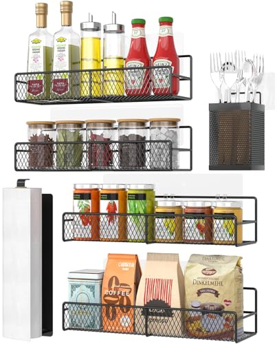 Kmise Spice Rack Wall Mounted 6 Pack, Heavy Duty Adhesive Hanging Baskets with Paper Towel Holder, Utensil Caddy, Rustproof No Drill Spice Organizer for Cabinet, Pantry Door, Kitchen Storage, Black