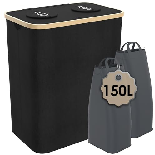 Suusolny 150L Pfandflaschen Sammelbehälter Quadrat mit abnehmbaren Tragetaschen Leergut & Altglas Aufbewahrung Pfandbehälter mit Einwurf Flaschen organizer Flaschensammler Sammelbehälter - Schwarz