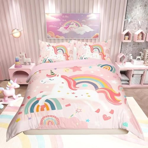 richhome Niedlicher Einhorn-Bettbezug, 200 x 200 cm, für Kinder, Mädchen, Jugendliche, Regenbogen, Bettwäsche, Set, Cartoon, Tier, Rosa, Bettbezug
