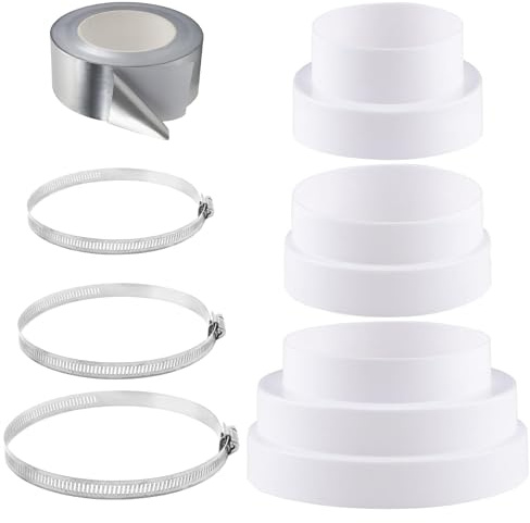 3 Stück Universal Reduzierstück Ø80-150mm Reduzierstück Ø 80-100mm 100-120mm 120-150mm mit Edelstahl Schlauchschellen Alufolienband ABSReduzierstück für Lüftungssystem Lüftung Rundrohr Ventilation