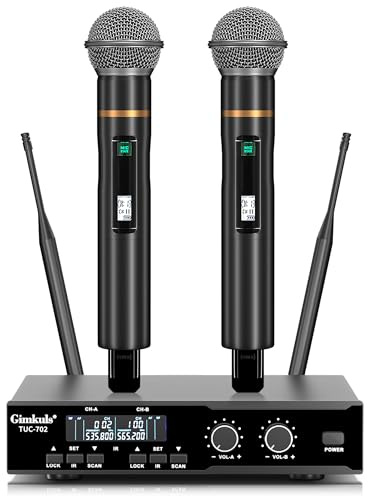 Gimkuls Dual-Channel Wireless Microphone System, 2 Handheld Mics | 200 Selectable UHF Frequencies, Auto Scan, 328 ft Range, XLR and 6.35 mm Outputs for Karaoke, Church and DJ