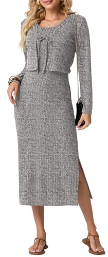 GRECERELLE Damen Strickkleid Strickjacke 2-teiliges Strick-Set : Midi Winterkleid Lang mit Spaghettiträgern & Seitenschlitz + Kurz geschnittenes Cardigan mit Bindegürtel und Langarm (Hellgrau, XXL)