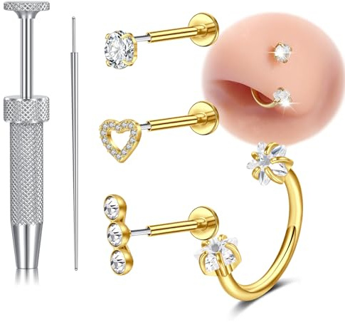 VFUN 18g 20g 6 Stück Push-In Nasenstecker Ohne Gewinde Nasenpiercing Flat Back Piercing Ohr Septum Piercing
