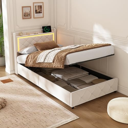 KOOPMAD Bett 90x200 mit Bettkasten, Einzelbett mit Stauraum, Doppelbett mit LED und USB, Jugendbett 90x200 mit Stauraum-Kopfteil, Hydraulisch Stauraumbett, Boxspringbett, Samt, Beige, Ohne Matratze