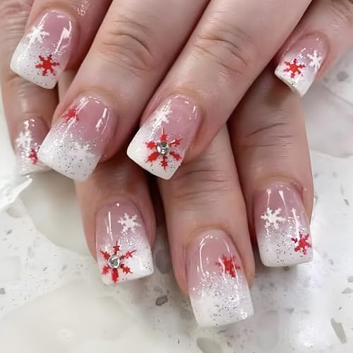 Falsche Nägel,24 Stück Weihnachts-Schneeflocken-Künstliche Nägel, Weiße Ombre-Glitzer-Nägel,Nagelfeile, Kleber,Jelly-Tabs, Weihnachtsstrumpf-Füller für Frauen,Langanhaltende Weihnachts-Heimanwendung