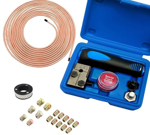 Bremsleitung Bördelgerät für DIN Bördelungen 4,75 mm, Bremsleitung Werkzeug mit 7.6M Bremsschlauch/10 Gewindeanschlüsse/5 Verbindungsstücke/PTFE-Dichtungsband für Brem Bzw Hydraulikleitungen Verwendet