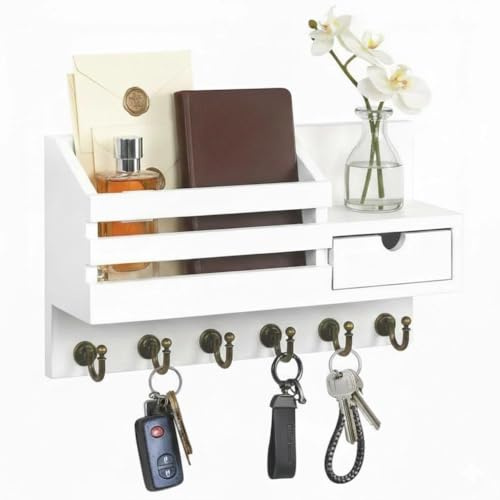 Portachiavi da parete con ripiano e cassetto, portachiavi in legno con 6 ganci, mensola da parete per organizzare le chiavi per ingresso, corridoio, soggiorno o ufficio, bianco