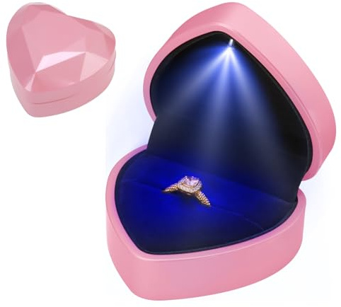 Lumitrex Hjärtformad Ringlåda med LED, Belysning Ringlåda Hjärtform | Ringlåda bröllop med sammetsinredning, smycke presentationslåda, förlovningsring box för bröllop förlovning, rosa