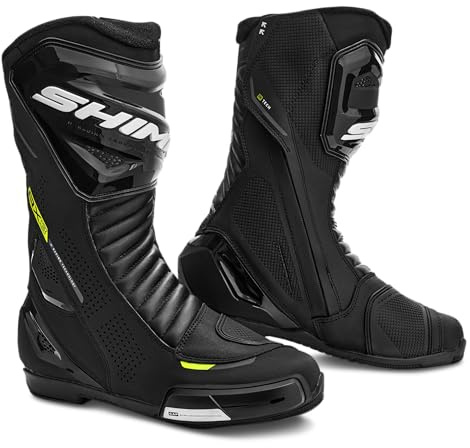 SHIMA RX-3 Motorrad Schuhe Herren Leder Belüftet Motorradstiefel Protektoren Sport Stiefel Sommer Rutschfeste Sohle Knöchelstütze Seitlicher Bikerboots (Männer, Gelb Fluo, 44)
