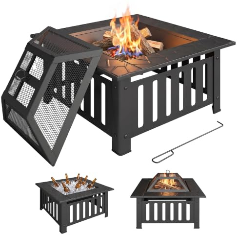 Outsunny Brasero Exterior de Acero Cuadrado Atizador 67x67x47 cm Negro | Brasero Exterior Jardín, Tapa de Malla, para Terraza, Camping, Fiesta