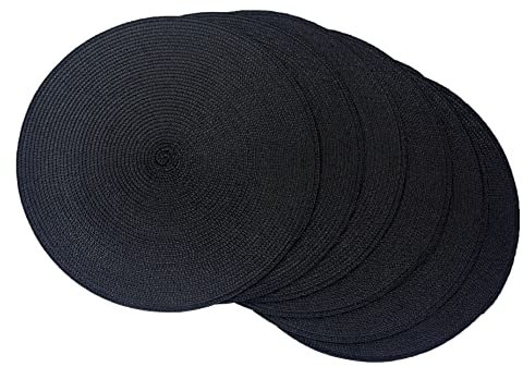 SCF2017 Round Woven Plastic Placemats 38cm Stylish and Practical Dining Table Mats,Set of 6,Black