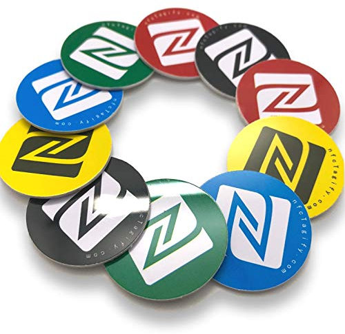 10 x NFC Tags | NXP Chip NTAG215 | 504 Bytes Speicherkapazität | Runde Aufkleber und Gemischte Farben | Hartes PVC und starker 3M-Aufkleber | Hohe Scankraft
