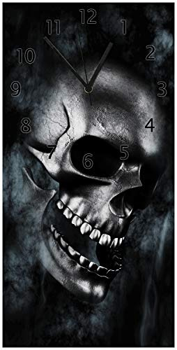 Wallario Design-Wanduhr, Acrylglasuhr Größe 30 x 60 cm, Schwarze Zeiger, Motiv Rauchende Schädel