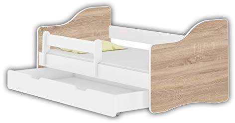 ACMA Jugendbett 140x70 Kinderbett mit Einer Schublade mit Rausfallschutz und Matratze, Weiß Happy, Farbe Eiche Sonoma, mit Lattenrost, stabil, Kinderzimmer Bett, Jugendmöbel
