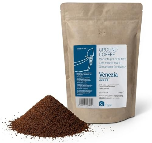 Si Sogno Coffee Venezia ground coffee, Italian Artisanal Coffee, 100% Colombian Arabica, Smooth & Mellow, Low Caffeine; 500g - Perfect for Moka Pots & Filters